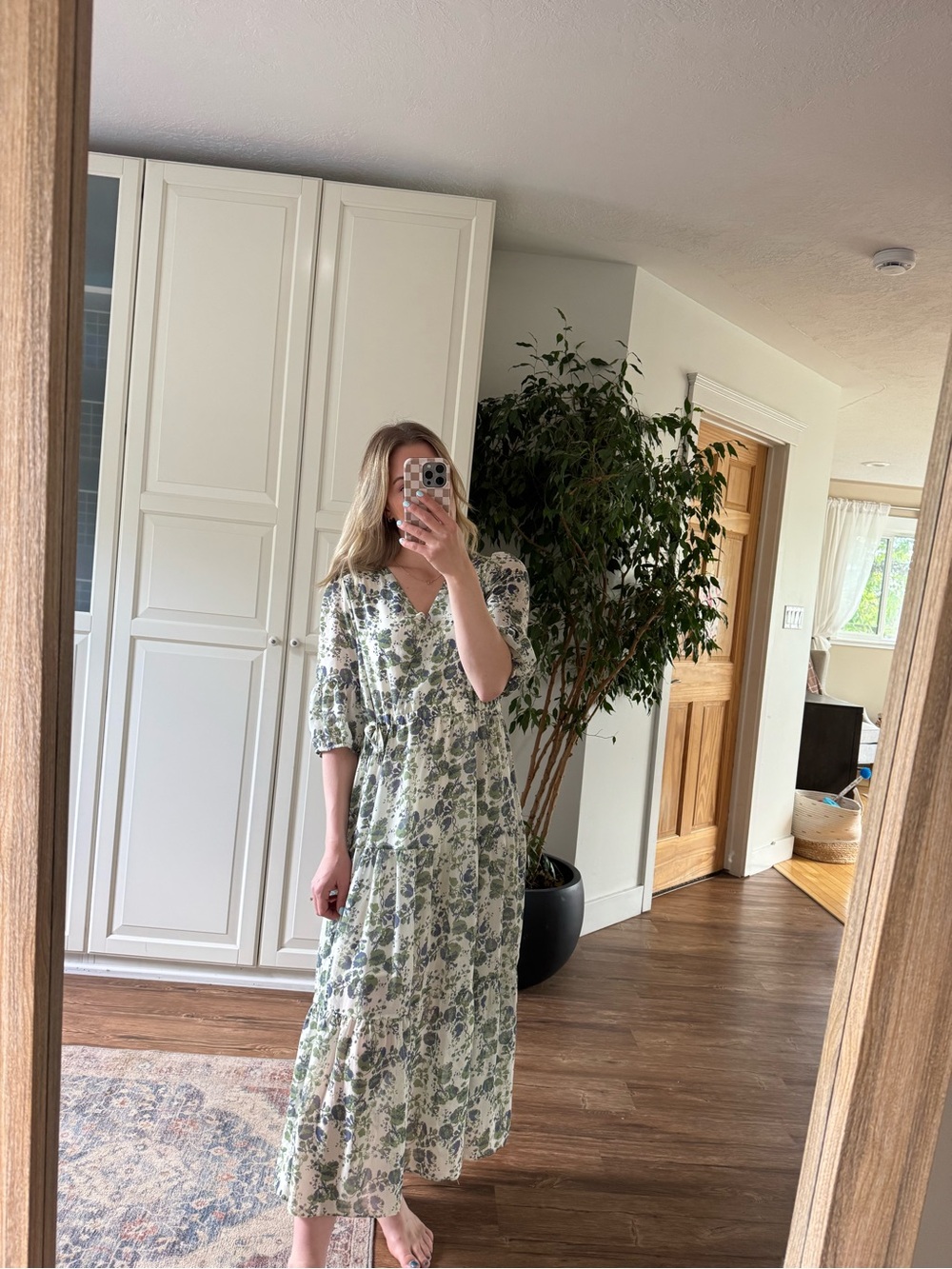 Oak and Fort Floral Wrap Tiered Midi Dress in Green and Blue